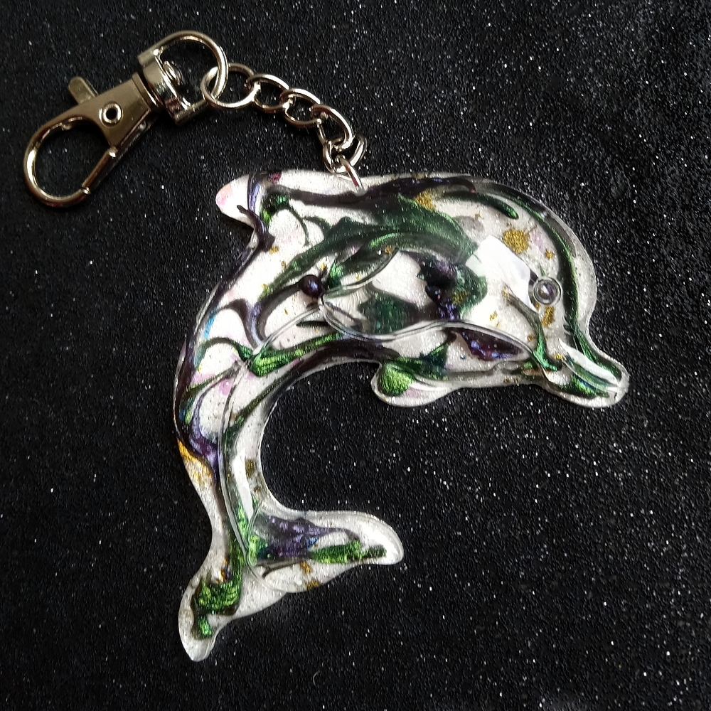 Blue purple green metallic dolphin keychain bag purse charm new handmade